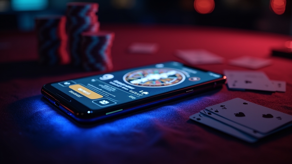 Móvil con descarga de app sobre una mesa de casino oscura