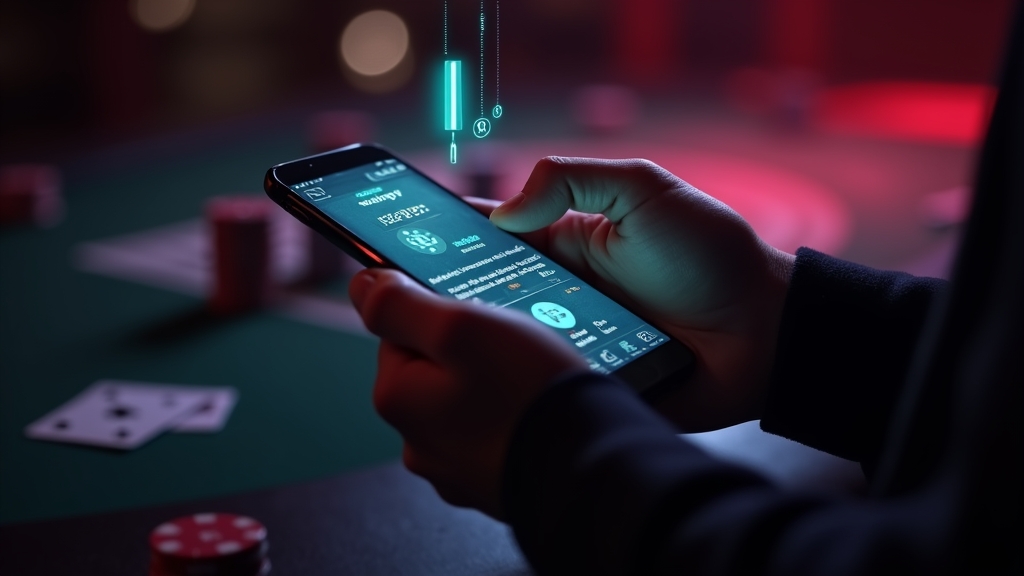 Persona usando la app en móvil con ambiente de casino nocturno